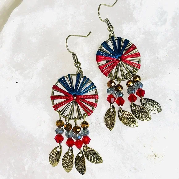 FERRIS WHEEL Southwestern pinwheel DANGLE earring gold feather leaf dangling - Picture 10 of 12